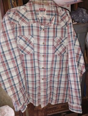 Wrangler Jeans Red White Blue Plaid Pearl Snap Button Down Long Sleeve Shirt 3XL